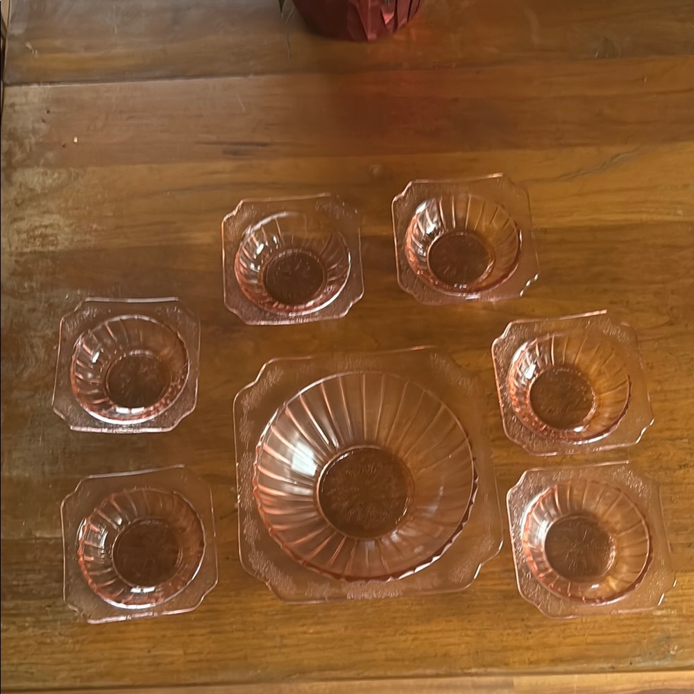 1930s Jeanette Adam design Art Deco pink depression glass berry bowl & 6 dishes